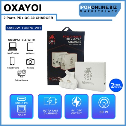 OXAYOI 60W 2 ports PD + Qualcomm 3.0 Ultra Fast Charger - White OX60W-TC2PD-WH